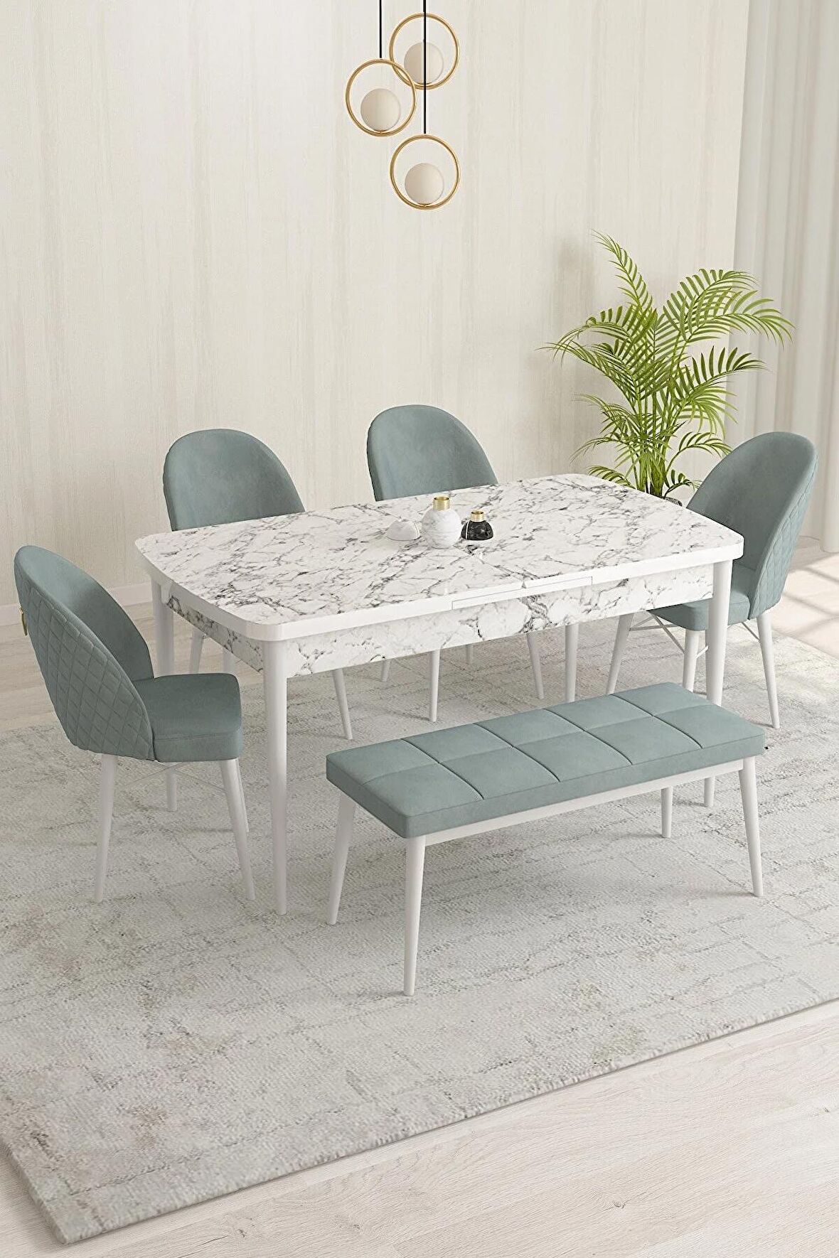 Rovena Olbia Beyaz Mermer 80x132 Açılabilir Suntalam Mutfak Masası Takımı 4 Adet Sandalye+1 Bench
