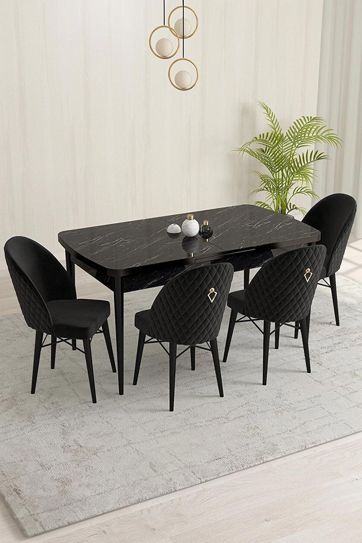Rovena Olbia Siyah Mermer 80x132 Açılabilir Suntalam Mutfak Masası Takımı 4 Adet Sandalye