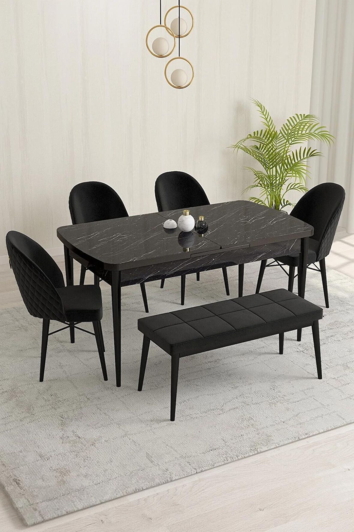 Rovena Olbia Siyah Mermer 80x132 Açılabilir Suntalam Mutfak Masası Takımı 4 Adet Sandalye+1 Bench