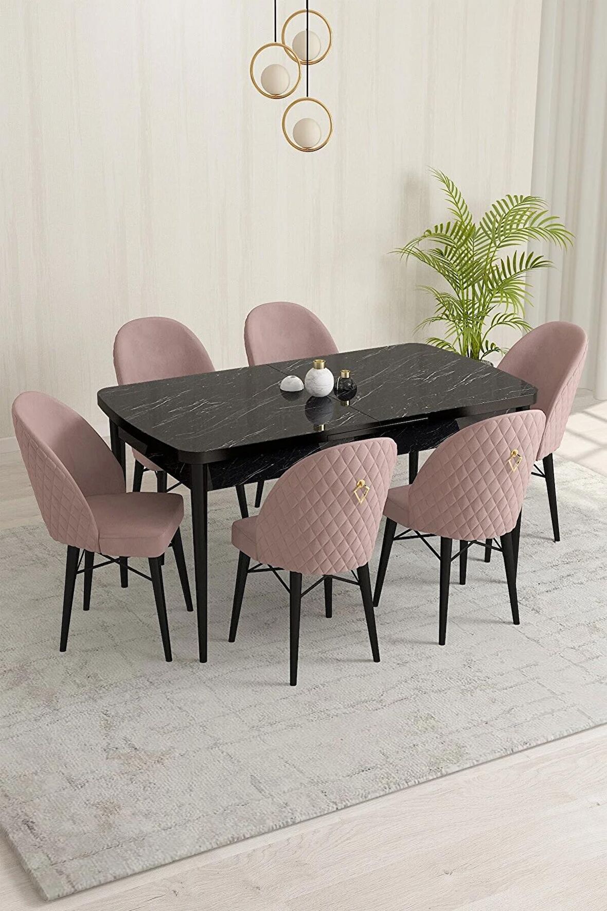 Rovena Olbia Siyah Mermer 80x132 Açılabilir Suntalam Mutfak Masası Takımı 6 Adet Sandalye