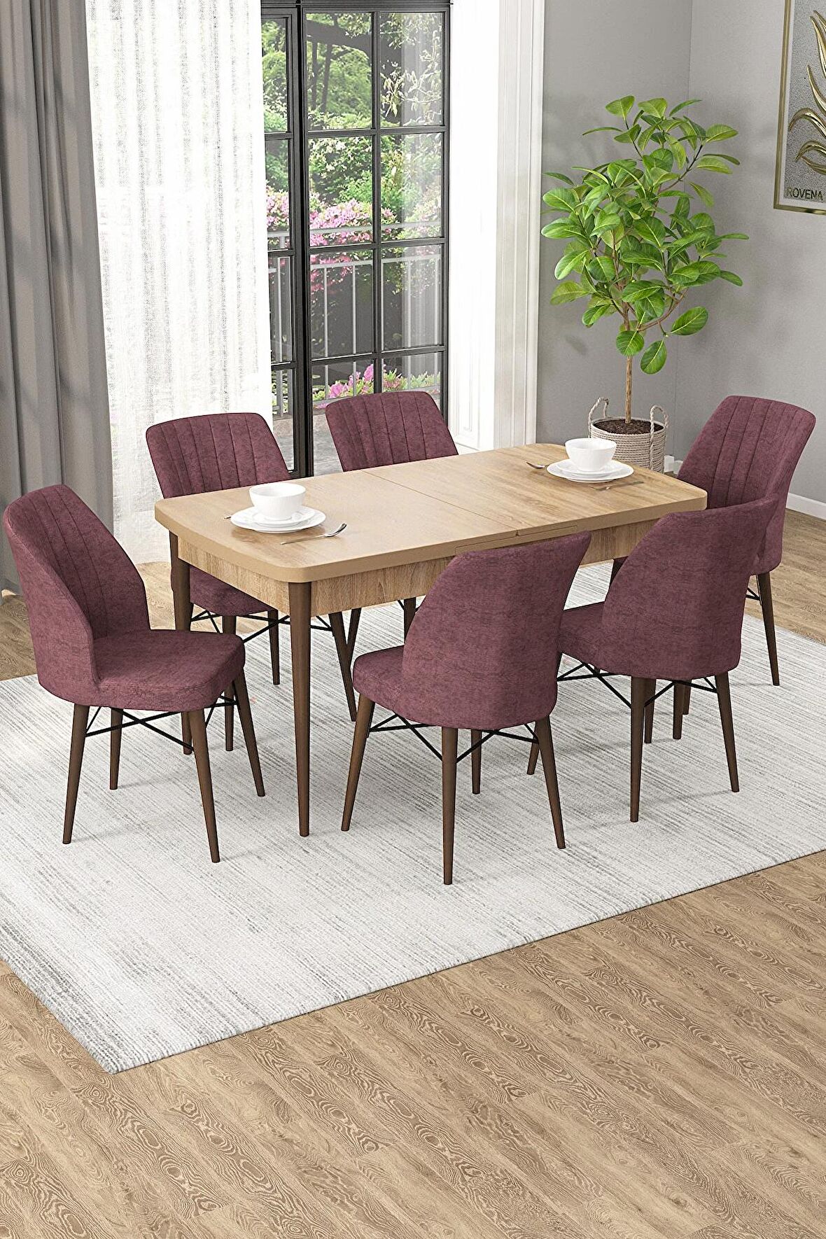 Rovena Novana Meşe 80x132 Açılabilir Suntalam Mutfak Masası Takımı 6 Adet Sandalye