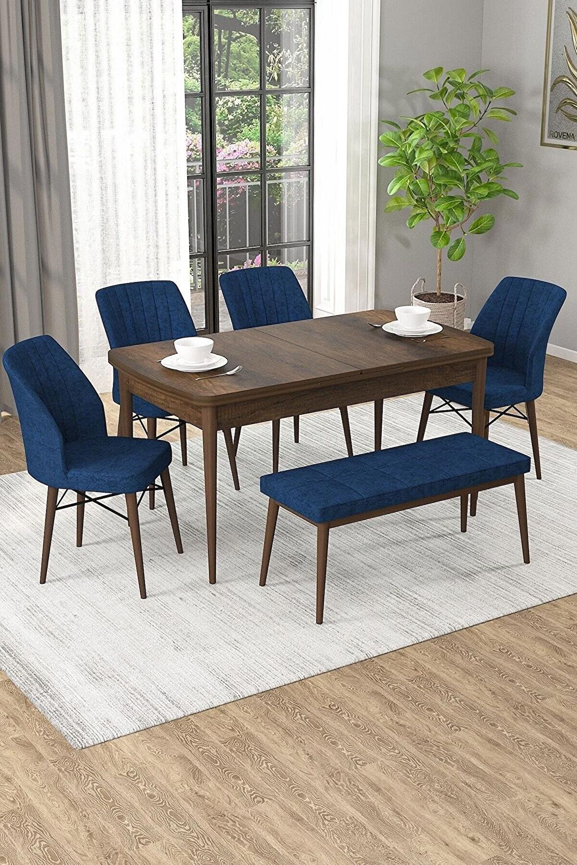 Rovena Novana Barok 80x132 Açılabilir Suntalam Mutfak Masası Takımı 4 Adet Sandalye + 1 Bench