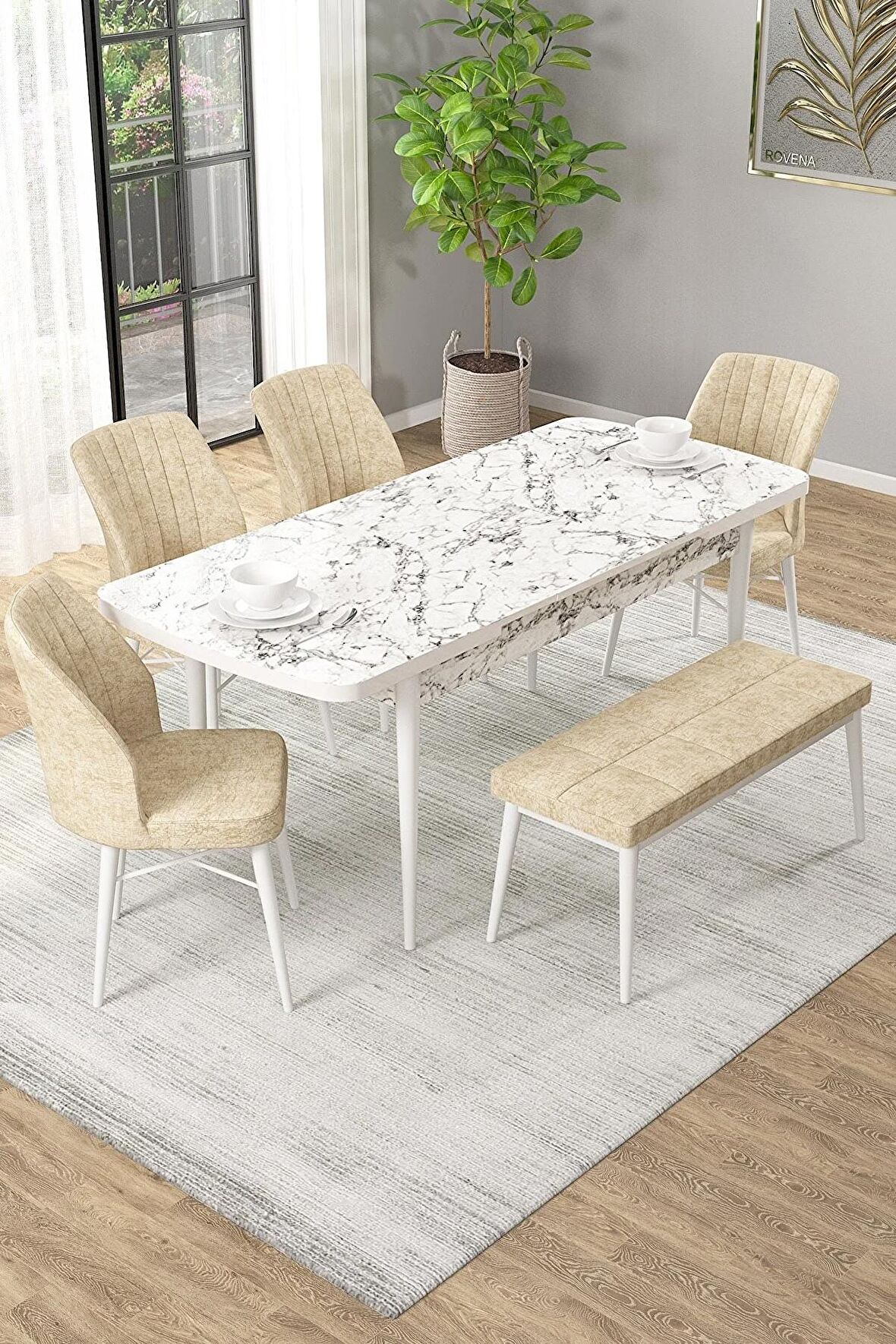 Rovena Novana Beyaz Mermer 80x132 Açılabilir Suntalam Mutfak Masası Takımı 4 Adet Sandalye + 1 Bench