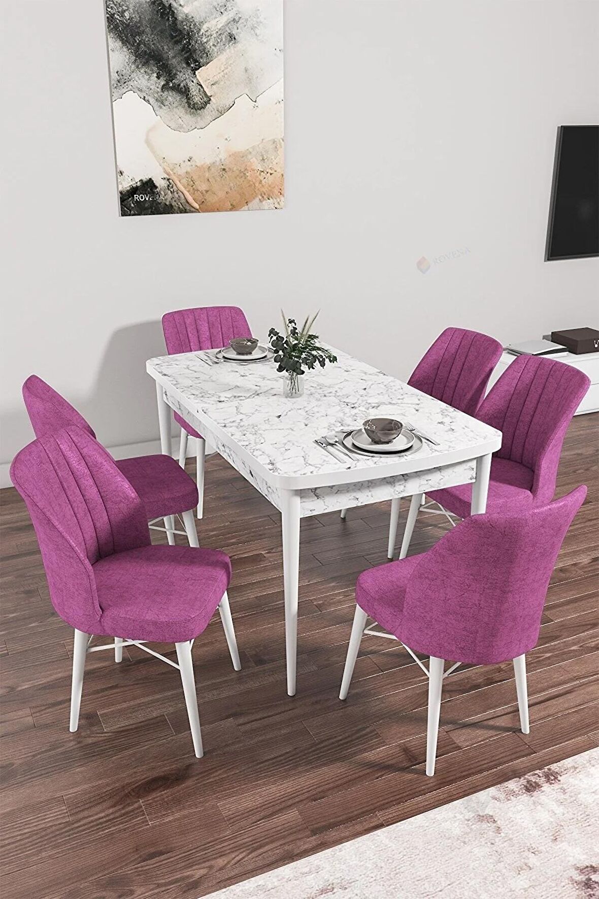 Rovena Novana Beyaz Mermer 80x132 Açılabilir Suntalam Mutfak Masası Takımı 6 Adet Sandalye