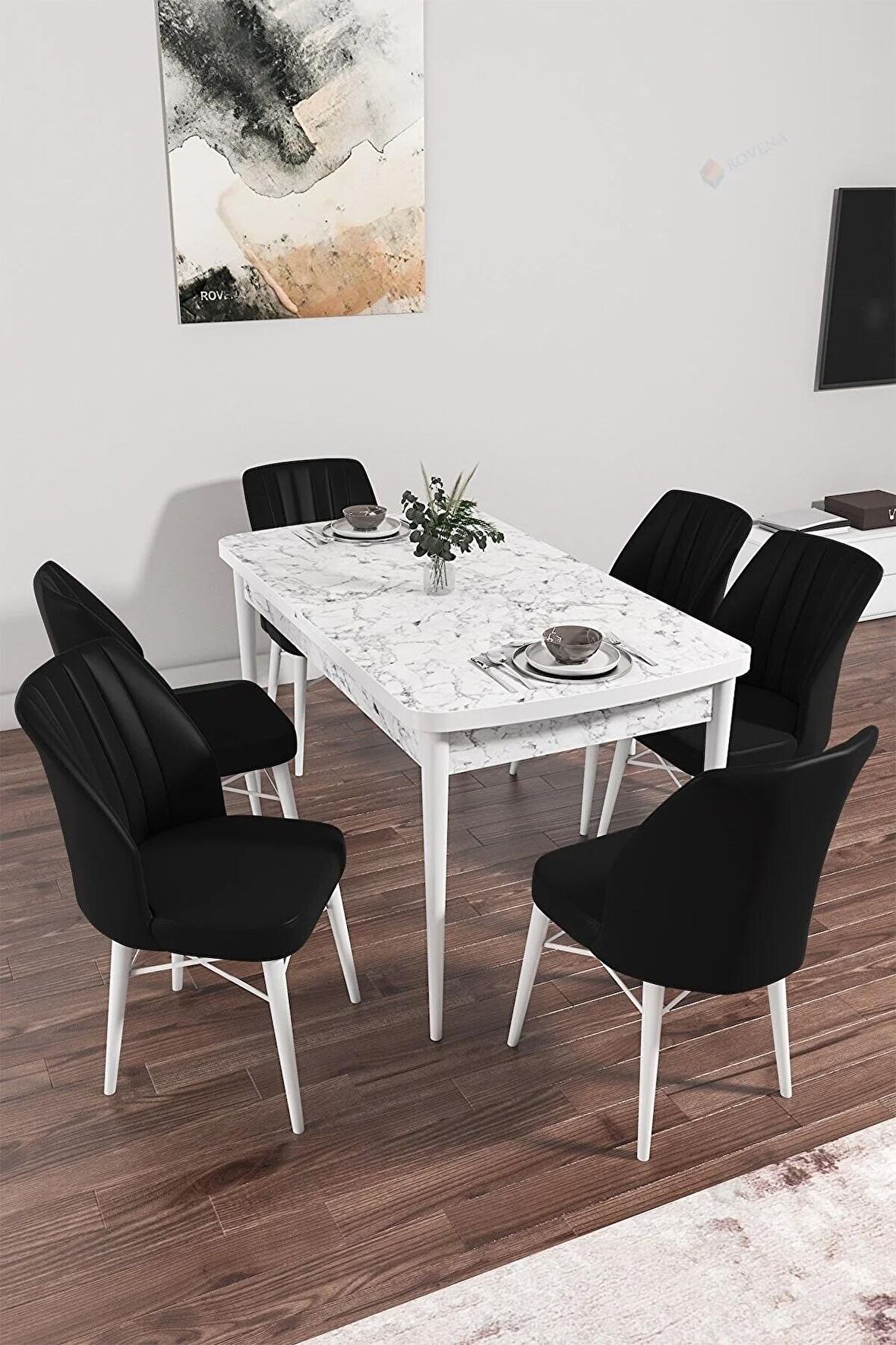 Rovena Novana Beyaz Mermer 80x132 Açılabilir Suntalam Mutfak Masası Takımı 6 Adet Sandalye