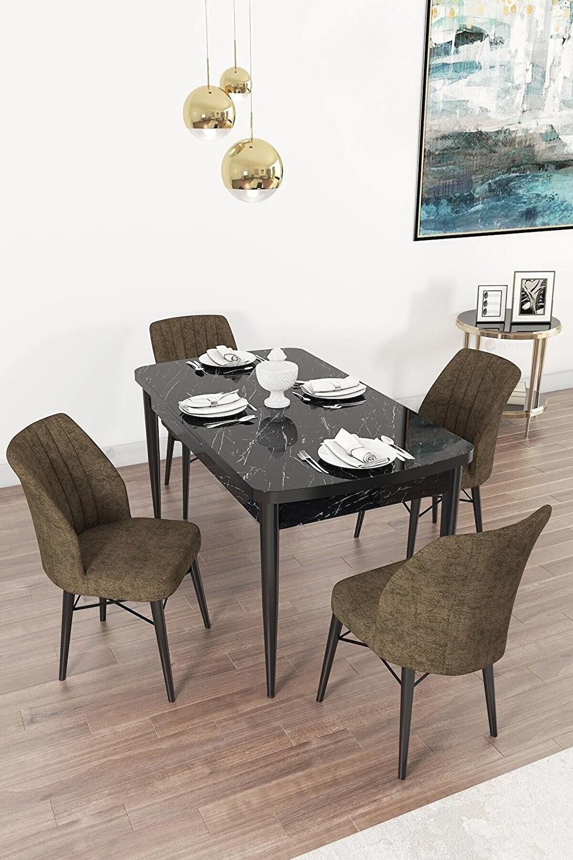 Rovena Novana Siyah Mermer 80x132 Açılabilir Suntalam Mutfak Masası Takımı 4 Adet Sandalye