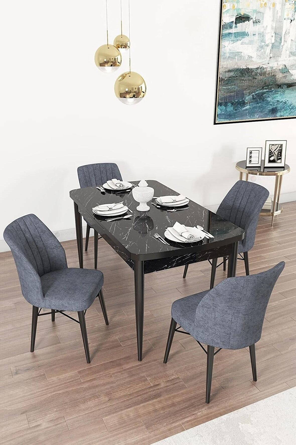 Rovena Novana Siyah Mermer 80x132 Açılabilir Suntalam Mutfak Masası Takımı 4 Adet Sandalye