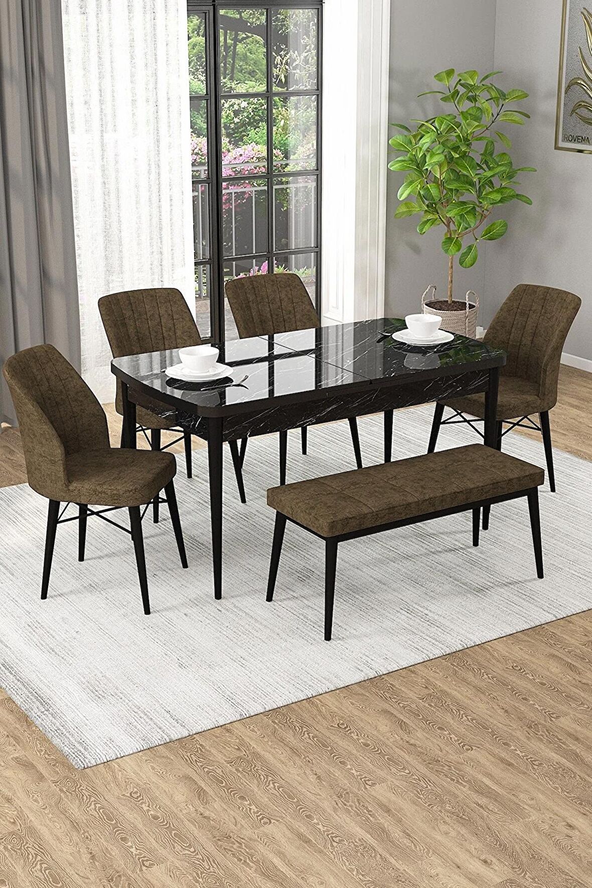 Rovena Novana Siyah Mermer 80x132 Açılabilir Suntalam Mutfak Masası Takımı 4 Adet Sandalye + 1 Bench