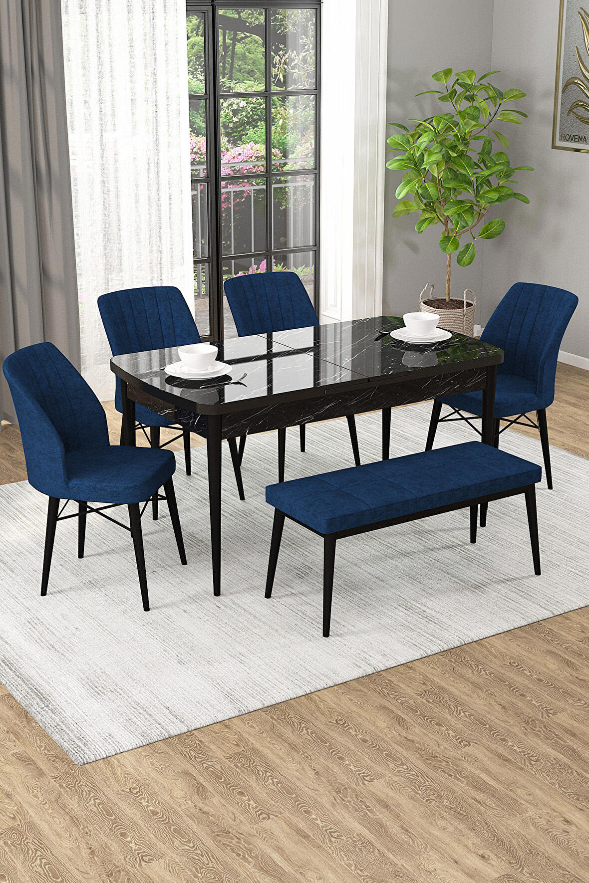 Rovena Novana Siyah Mermer 80x132 Açılabilir Suntalam Mutfak Masası Takımı 4 Adet Sandalye + 1 Bench