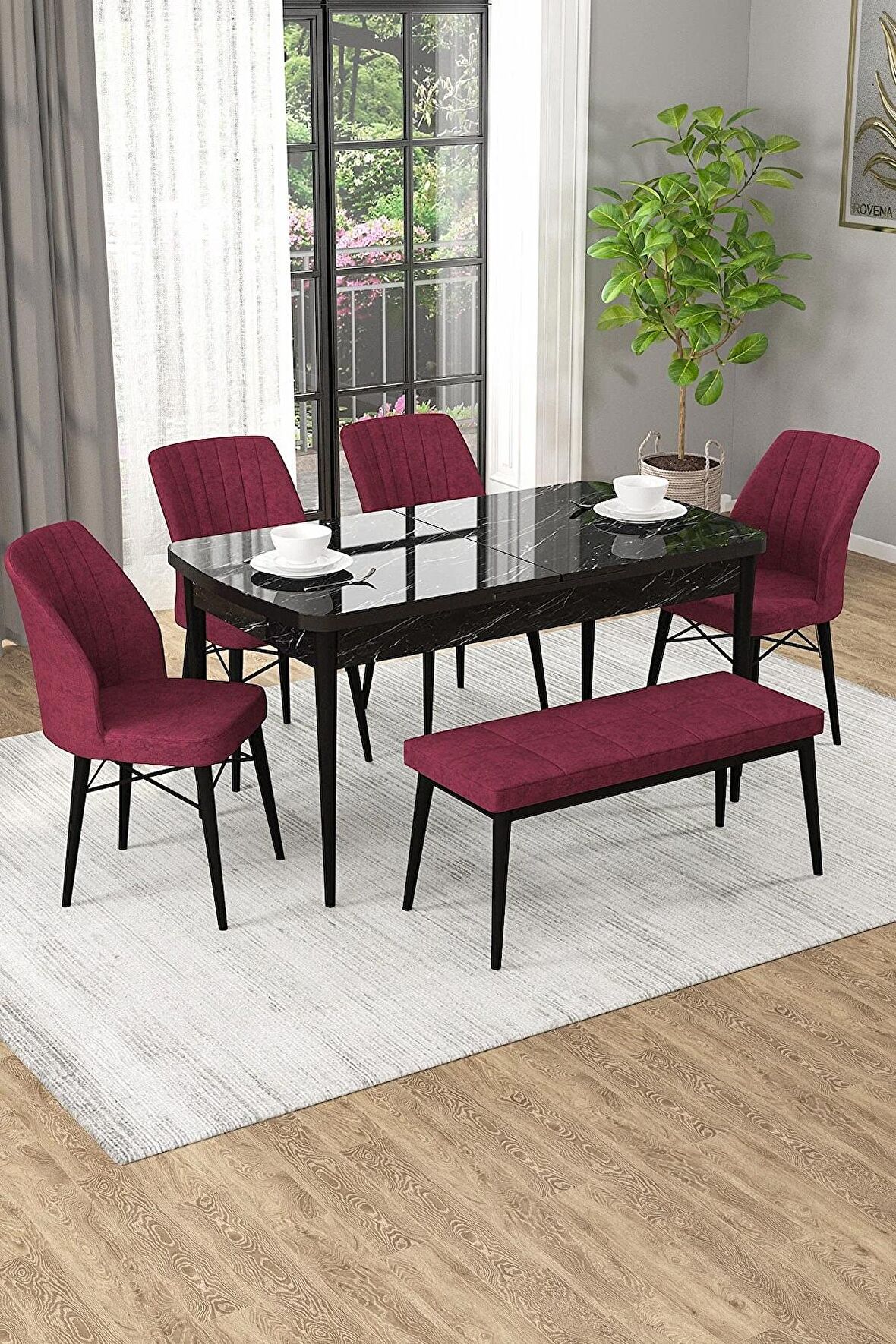 Rovena Novana Siyah Mermer 80x132 Açılabilir Suntalam Mutfak Masası Takımı 4 Adet Sandalye + 1 Bench