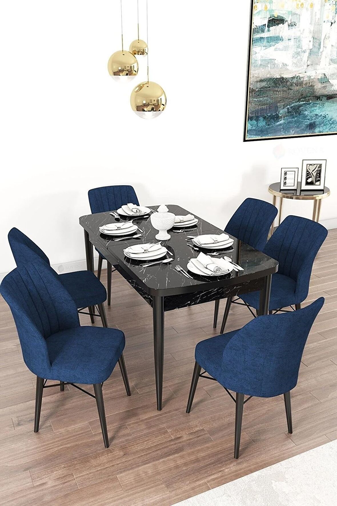 Rovena Novana Siyah Mermer 80x132 Açılabilir Suntalam Mutfak Masası Takımı 6 Adet Sandalye