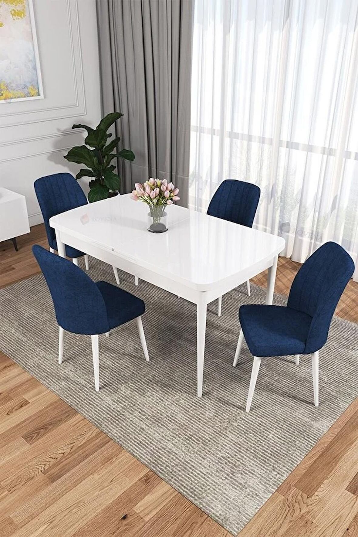 Rovena Zayn Beyaz 80x132 Açılabilir Suntalam Mutfak Masası Takımı 4 Adet Sandalye