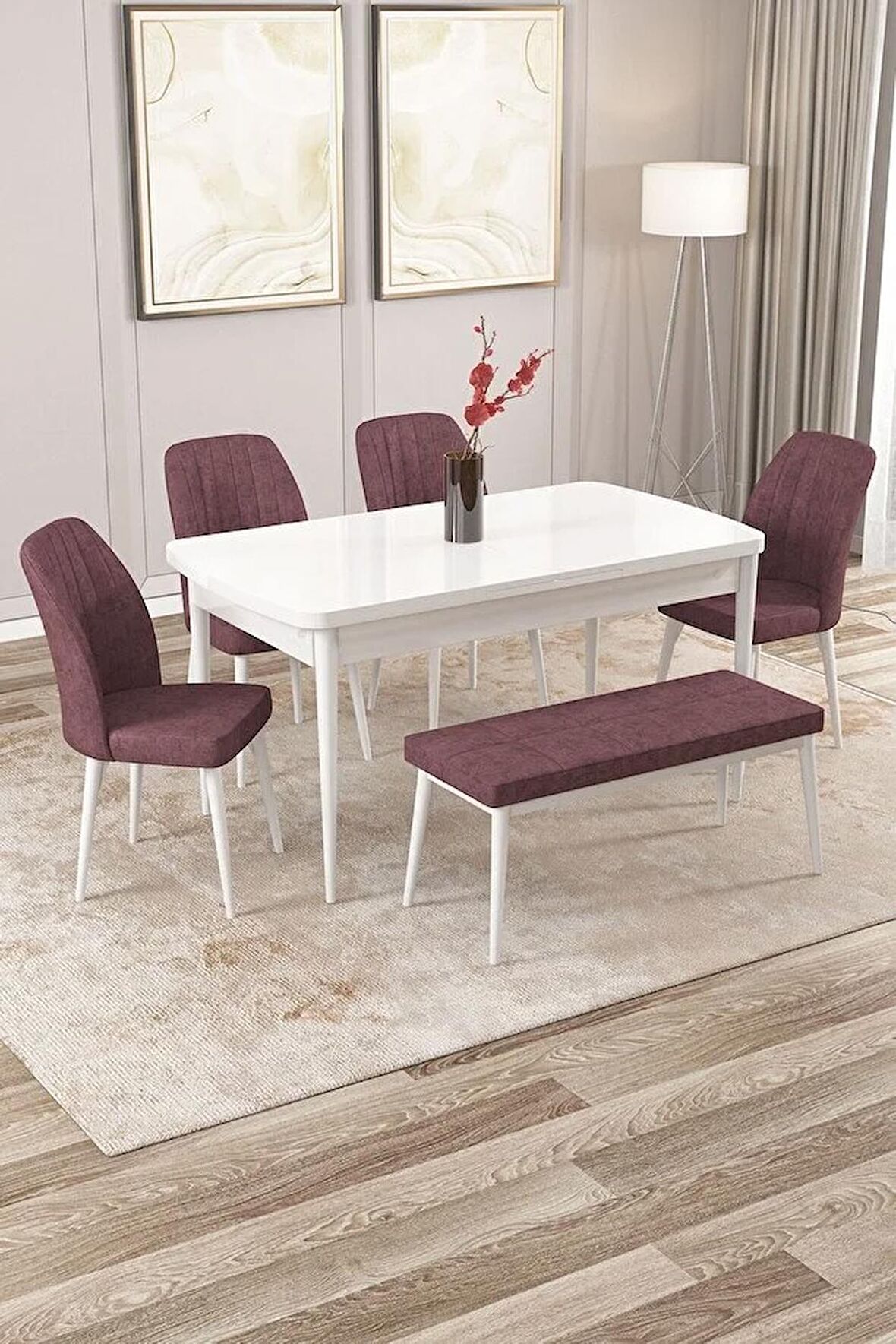 Rovena Zayn Beyaz 80x132 Açılabilir Suntalam Mutfak Masası Takımı 4 Adet Sandalye + 1 Bench