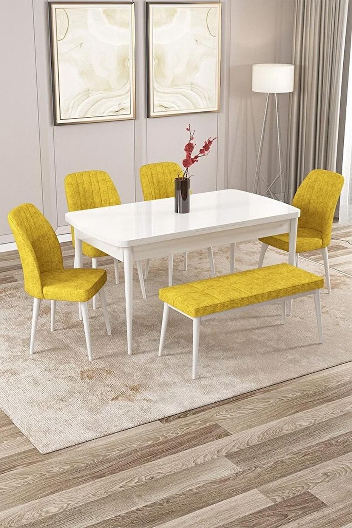 Rovena Zayn Beyaz 80x132 Açılabilir Suntalam Mutfak Masası Takımı 4 Adet Sandalye + 1 Bench