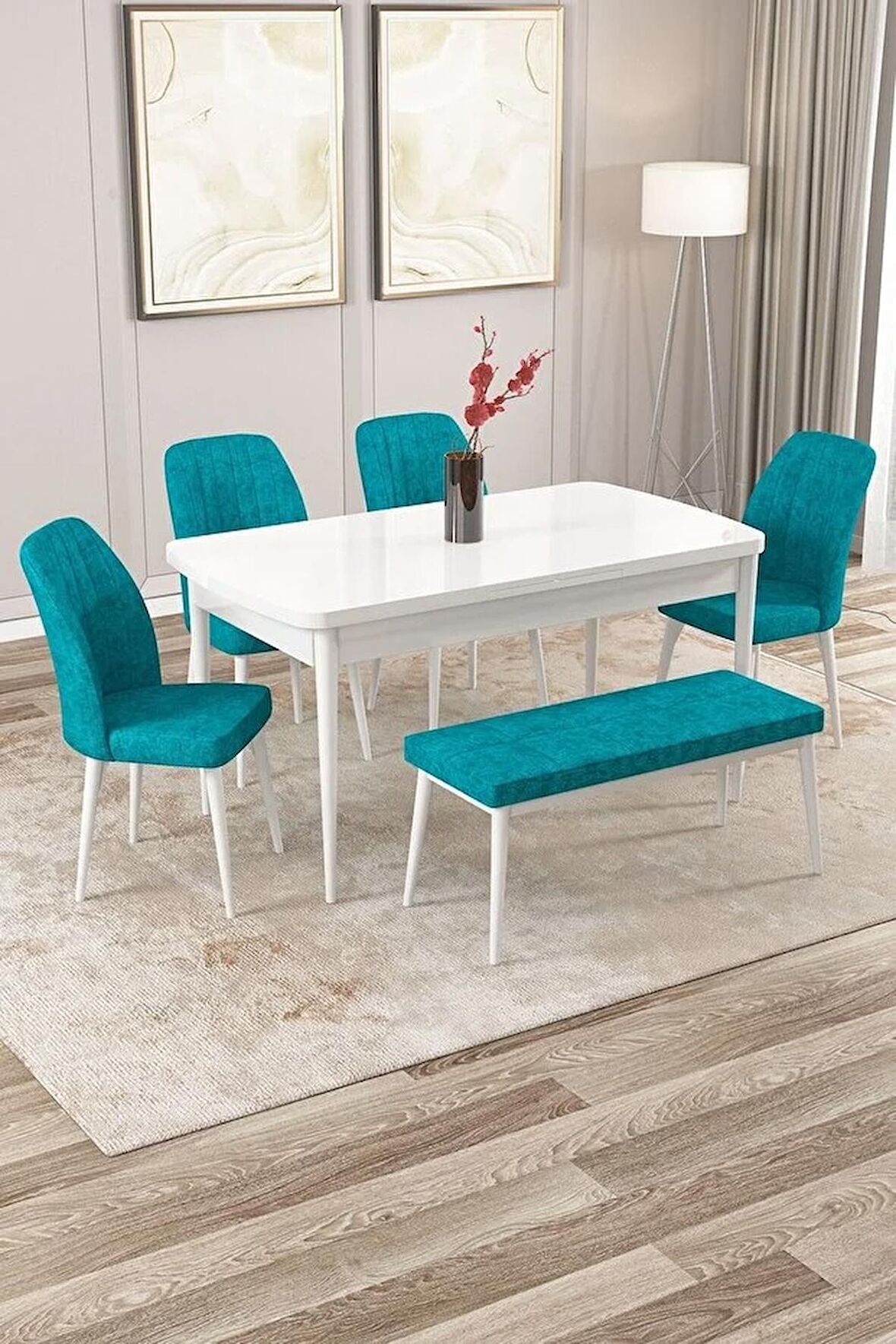 Rovena Zayn Beyaz 80x132 Açılabilir Suntalam Mutfak Masası Takımı 4 Adet Sandalye + 1 Bench