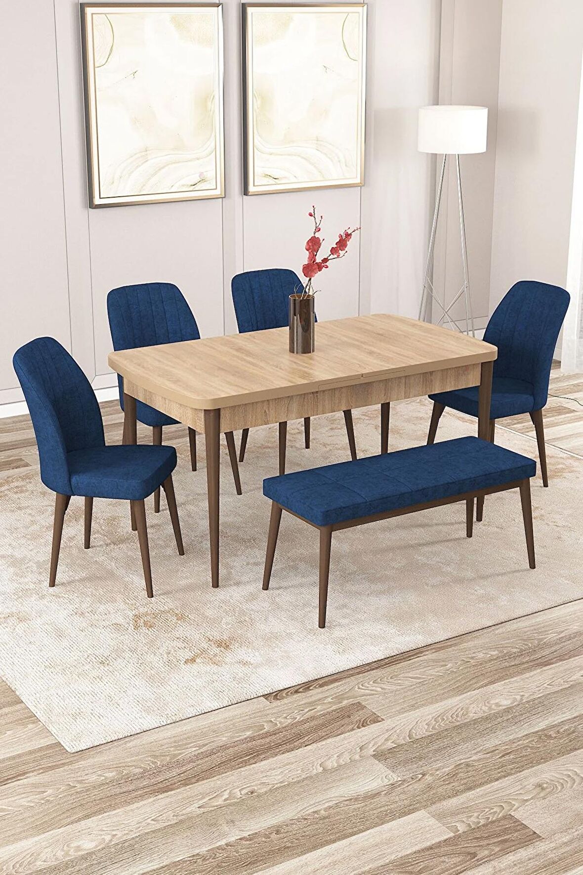 Rovena Zayn Meşe 80x132 Açılabilir Suntalam Mutfak Masası Takımı 4 Adet Sandalye + 1 Bench