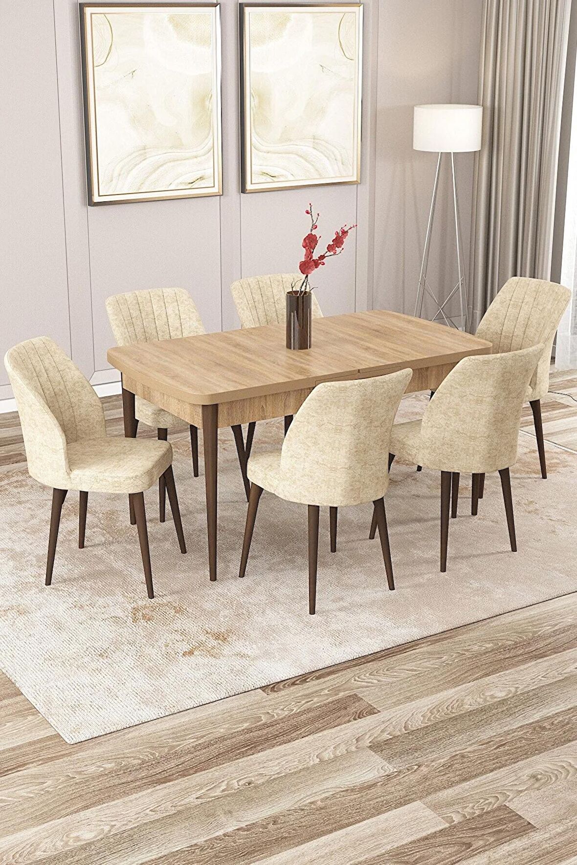 Rovena Zayn Meşe 80x132 Açılabilir Suntalam Mutfak Masası Takımı 6 Adet Sandalye