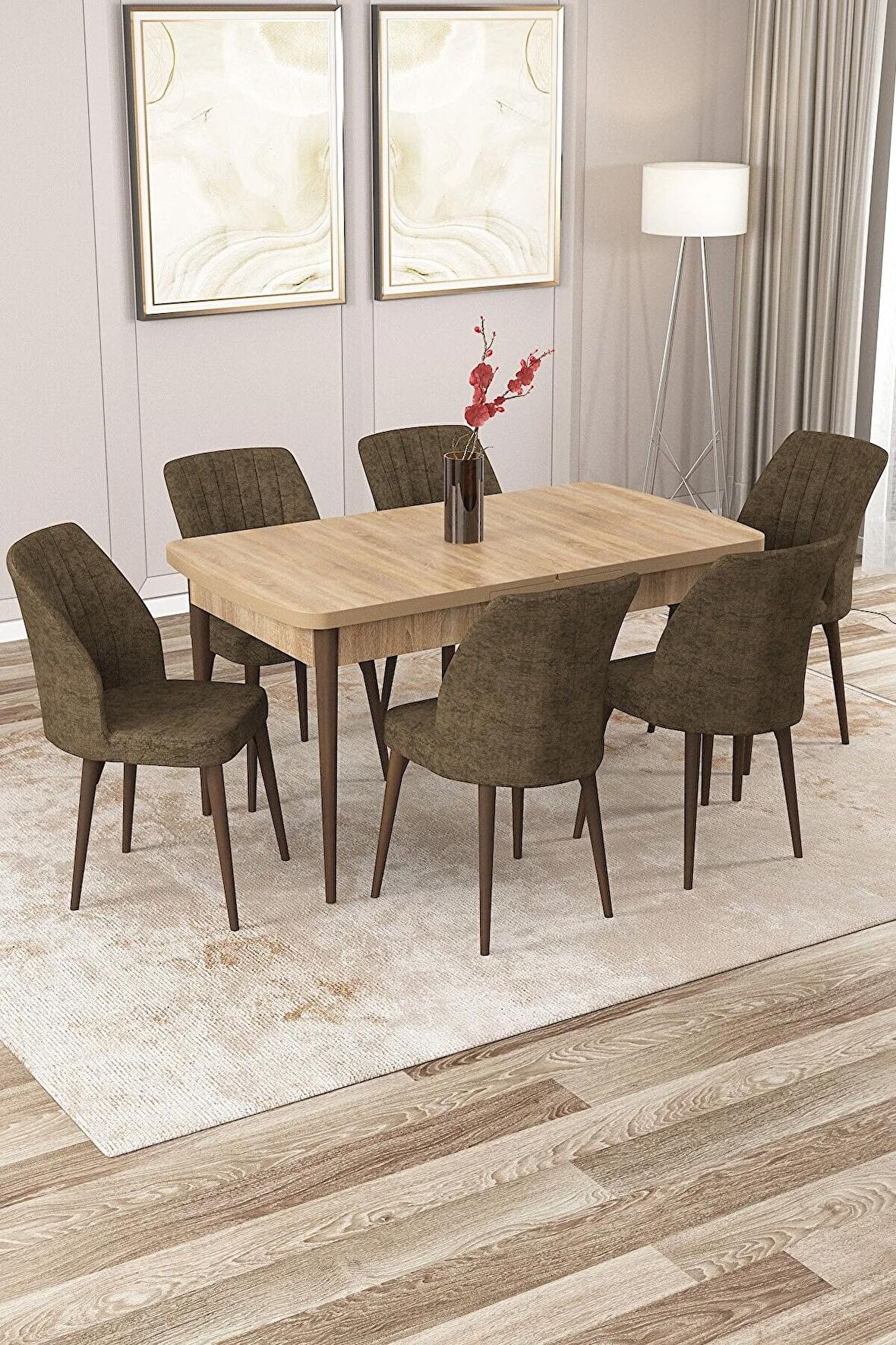 Rovena Zayn Meşe 80x132 Açılabilir Suntalam Mutfak Masası Takımı 6 Adet Sandalye