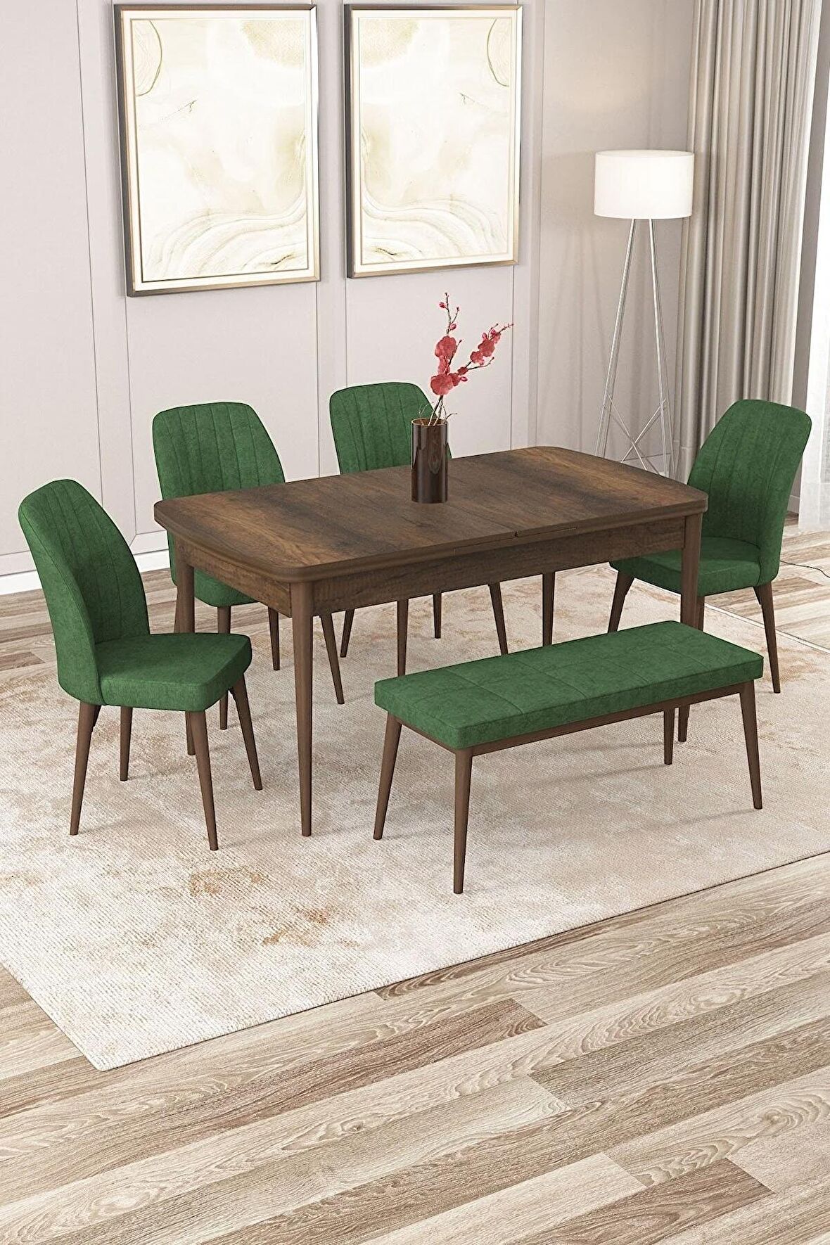 Rovena Zayn Barok 80x132 Açılabilir Suntalam Mutfak Masası Takımı 4 Adet Sandalye + 1 Bench