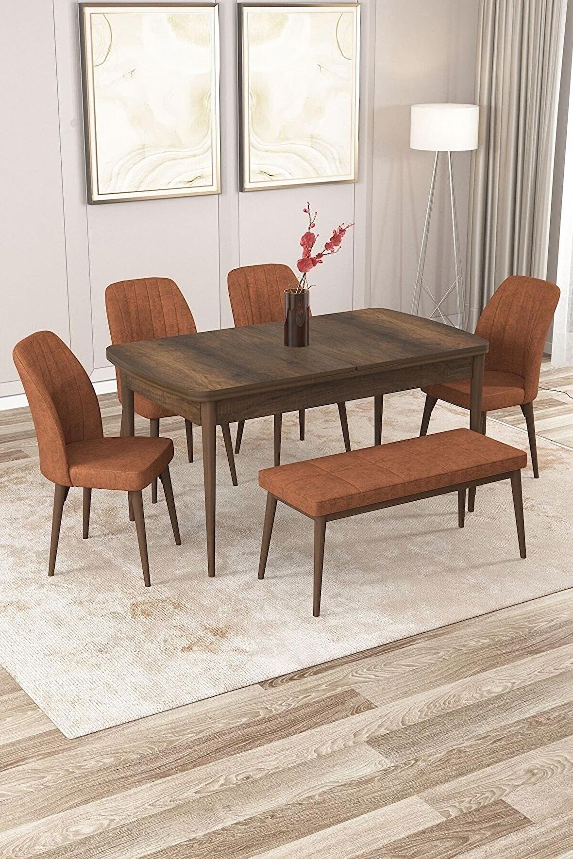 Rovena Zayn Barok 80x132 Açılabilir Suntalam Mutfak Masası Takımı 4 Adet Sandalye + 1 Bench