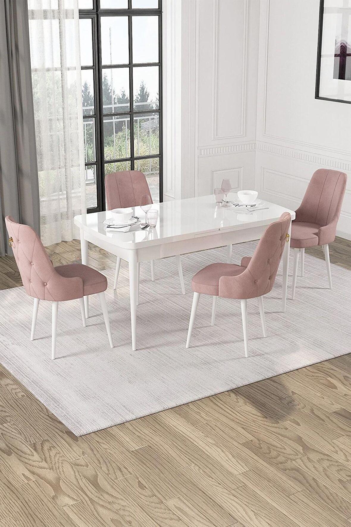 Rovena Alya Barok 80x132 Açılabilir Mdf Mutfak Masası Takımı 4 Adet Sandalye