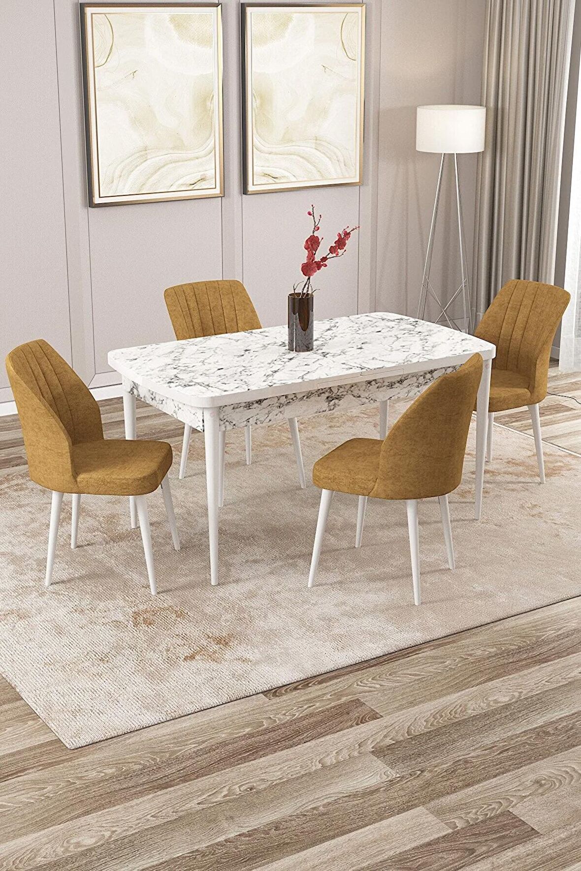 Rovena Zayn Beyaz Mermer 80x132 Açılabilir Suntalam Mutfak Masası Takımı 4 Adet Sandalye