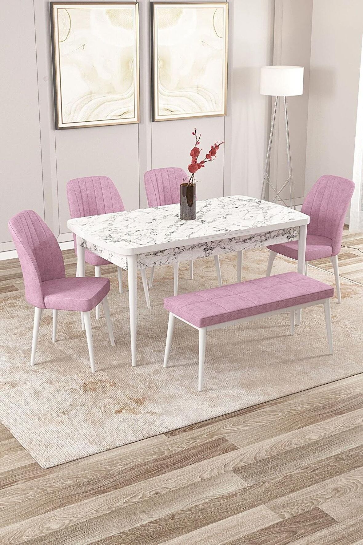 Rovena Zayn Beyaz Mermer 80x132 Açılabilir Suntalam Mutfak Masası Takımı 4 Adet Sandalye + 1 Bench