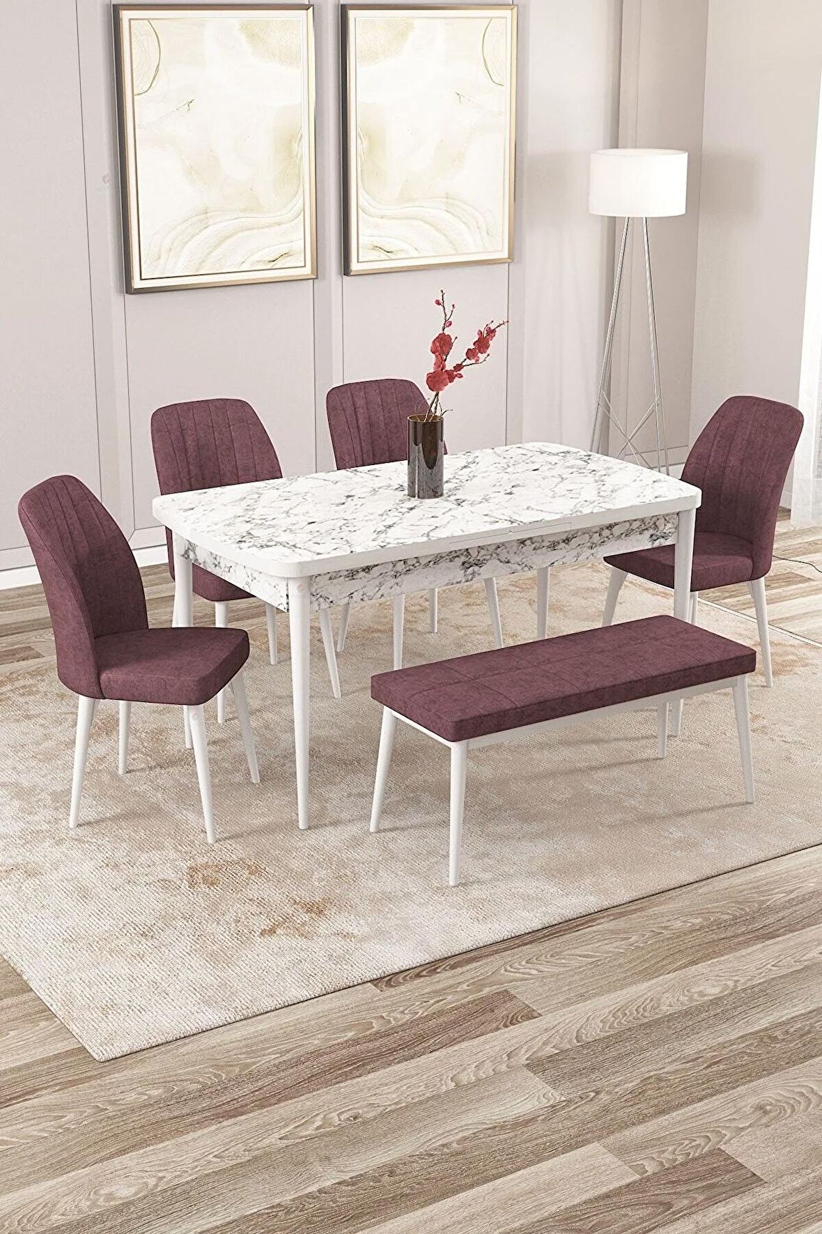 Rovena Zayn Beyaz Mermer 80x132 Açılabilir Suntalam Mutfak Masası Takımı 4 Adet Sandalye + 1 Bench