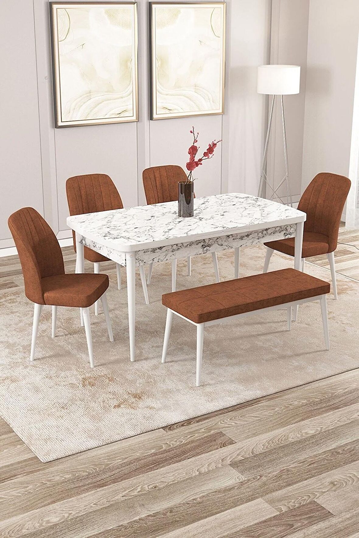 Rovena Zayn Beyaz Mermer 80x132 Açılabilir Suntalam Mutfak Masası Takımı 4 Adet Sandalye + 1 Bench