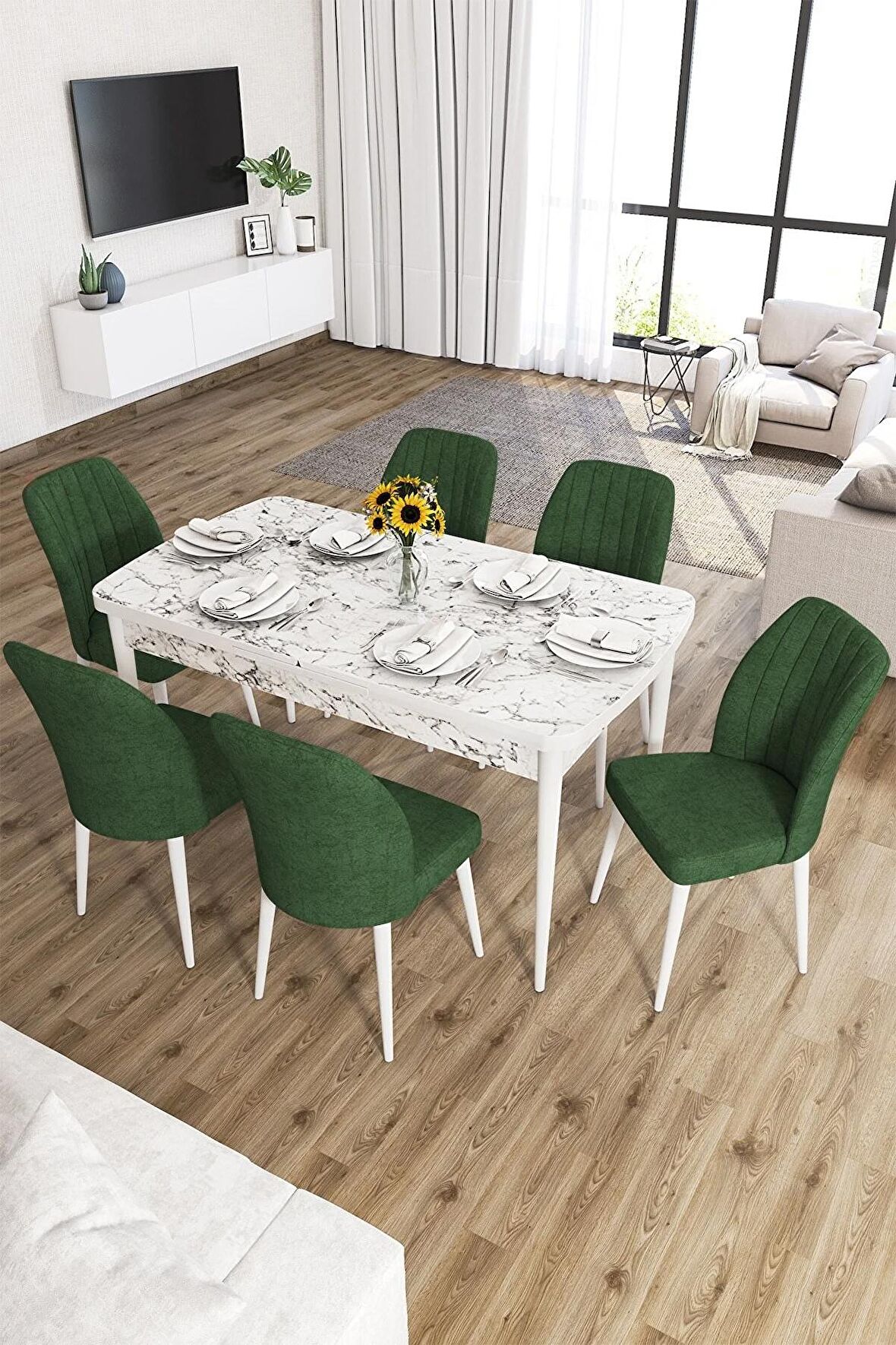 Rovena Zayn Beyaz Mermer 80x132 Açılabilir Suntalam Mutfak Masası Takımı 6 Adet Sandalye