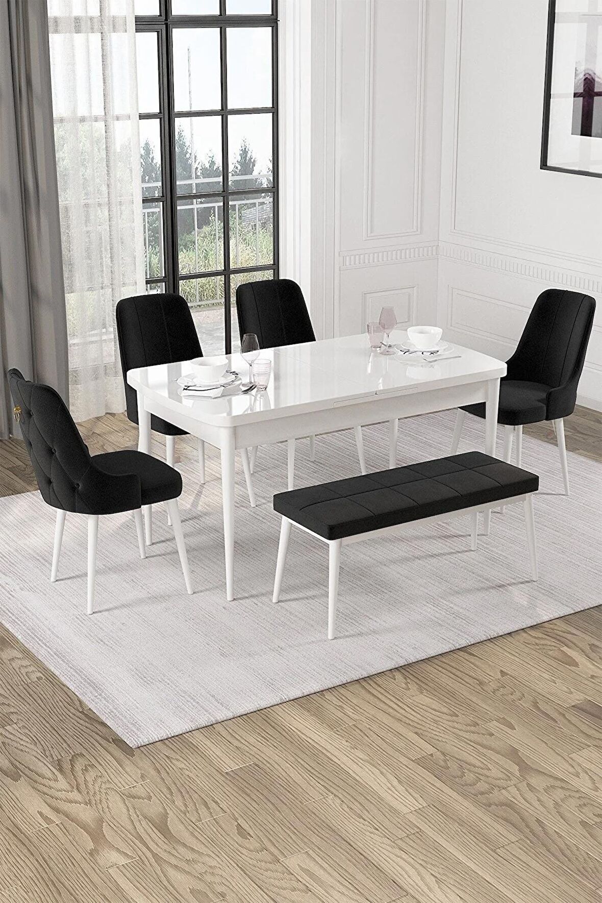 Rovena Alya Barok 80x132 Açılabilir Mdf Mutfak Masası Takımı 4 Adet Sandalye