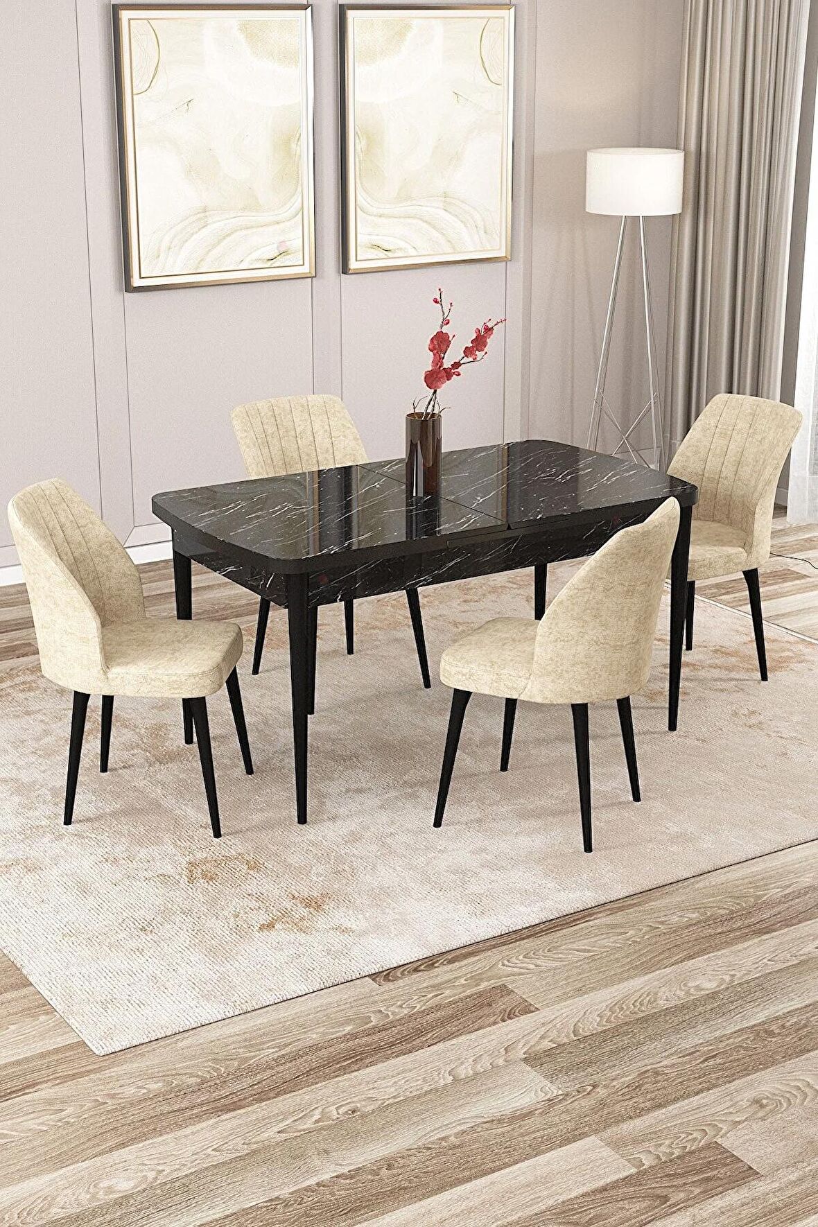 Rovena Zayn Siyah Mermer 80x132 Açılabilir Suntalam Mutfak Masası Takımı 4 Adet Sandalye