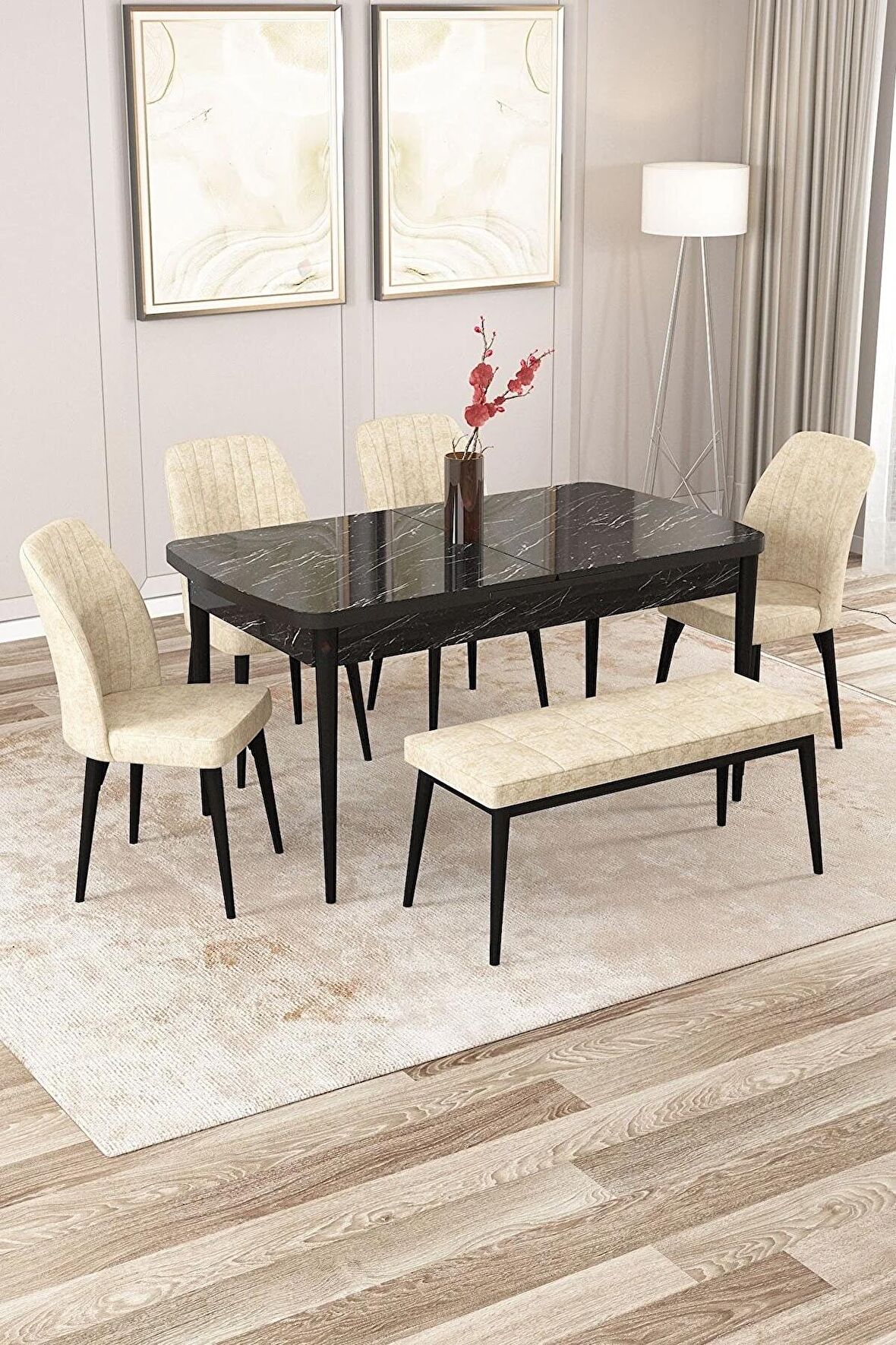 Rovena Zayn Siyah Mermer 80x132 Açılabilir Suntalam Mutfak Masası Takımı 4 Adet Sandalye + 1 Bench