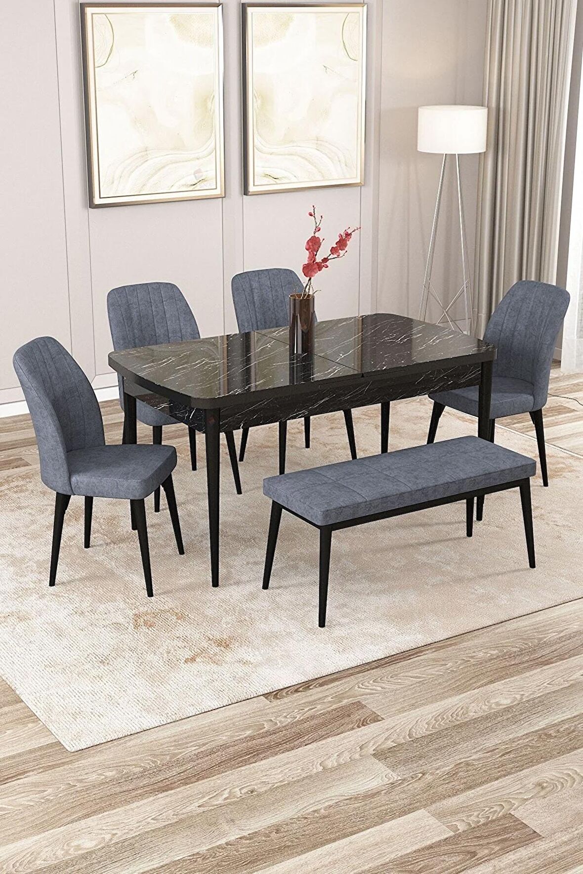 Rovena Zayn Siyah Mermer 80x132 Açılabilir Suntalam Mutfak Masası Takımı 4 Adet Sandalye + 1 Bench