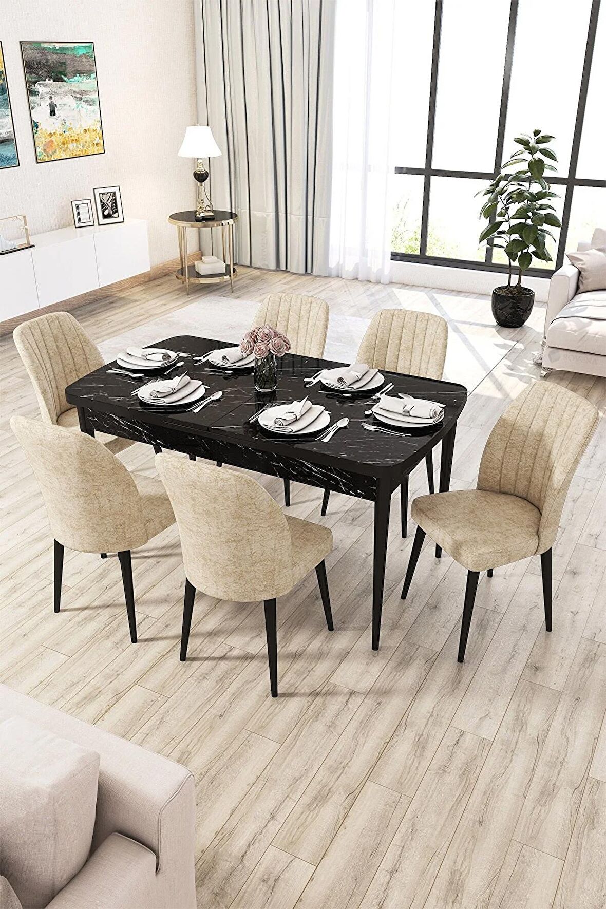 Rovena Zayn Siyah Mermer 80x132 Açılabilir Suntalam Mutfak Masası Takımı 6 Adet Sandalye