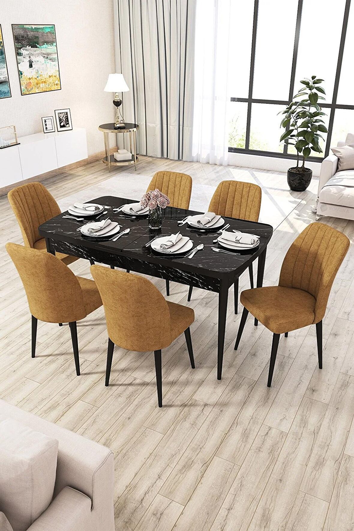 Rovena Zayn Siyah Mermer 80x132 Açılabilir Suntalam Mutfak Masası Takımı 6 Adet Sandalye