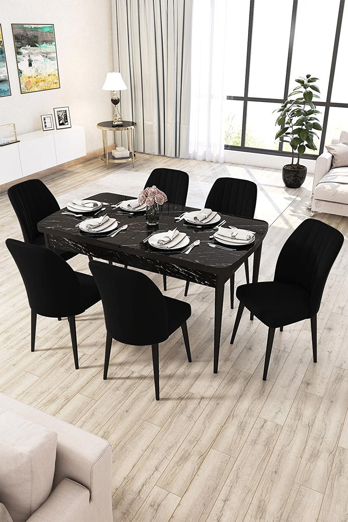 Rovena Zayn Siyah Mermer 80x132 Açılabilir Suntalam Mutfak Masası Takımı 6 Adet Sandalye