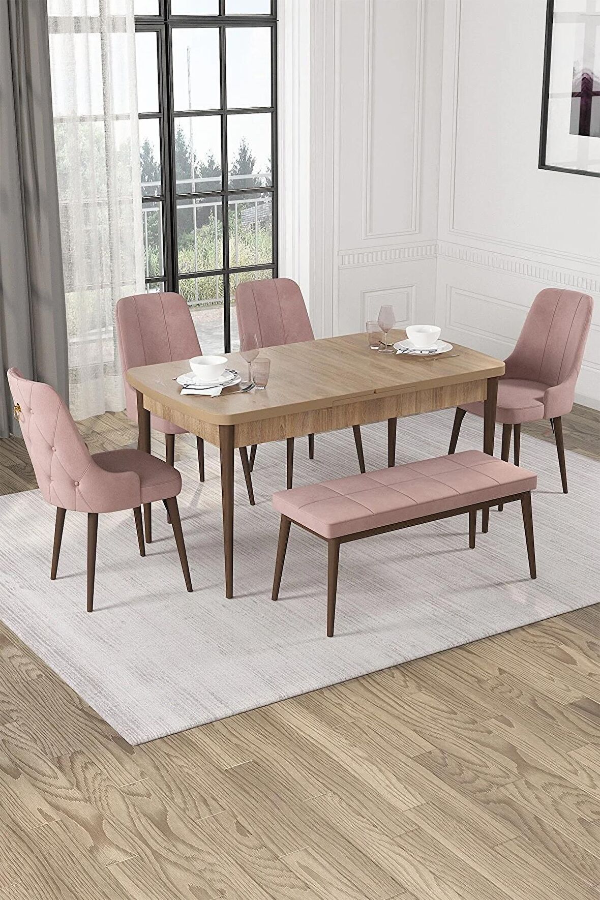 Rovena Alya Barok 80x132 Açılabilir Mdf Mutfak Masası Takımı 4 Adet Sandalye