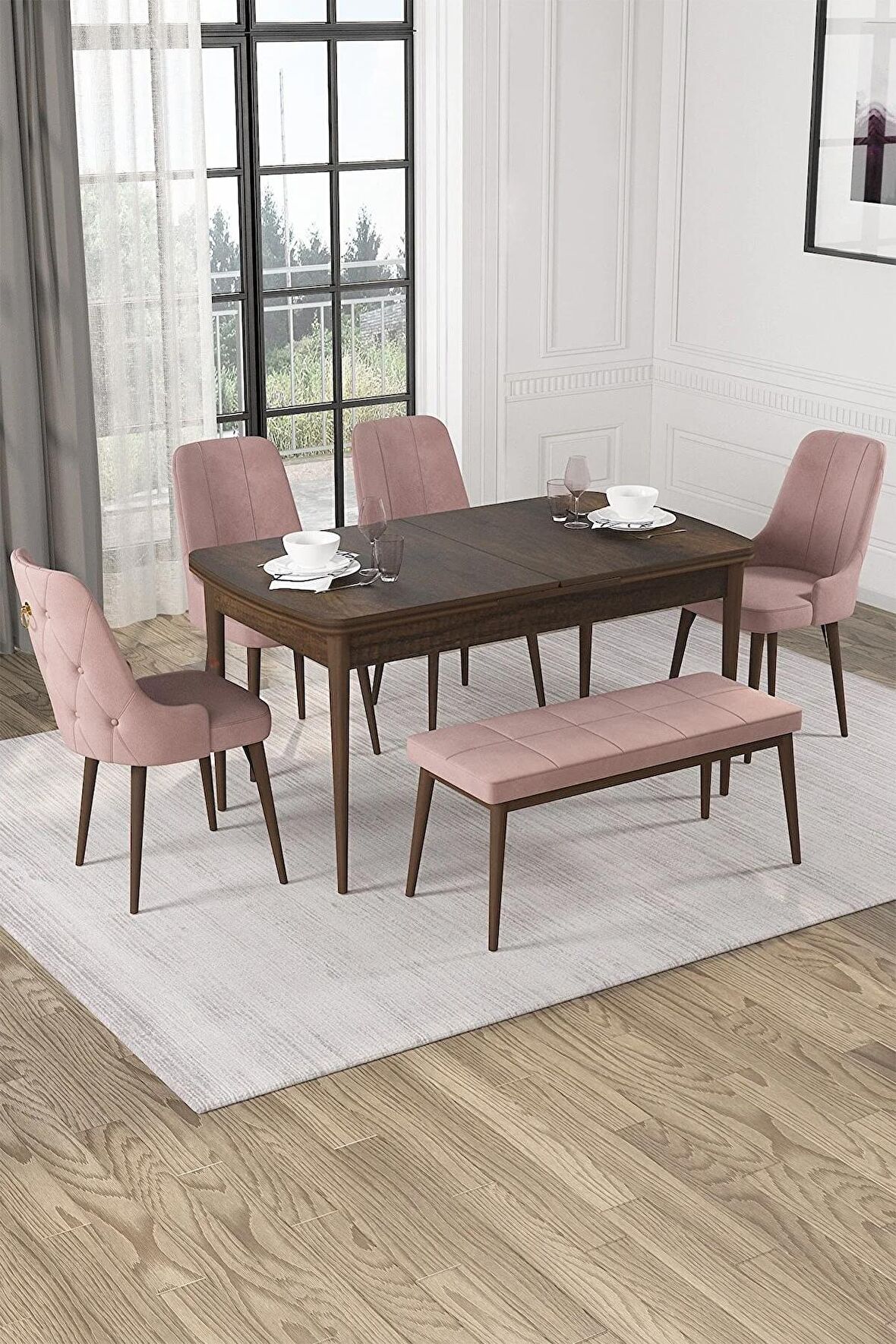 Rovena Alya Barok 80x132 Açılabilir Mdf Mutfak Masası Takımı 4 Adet Sandalye