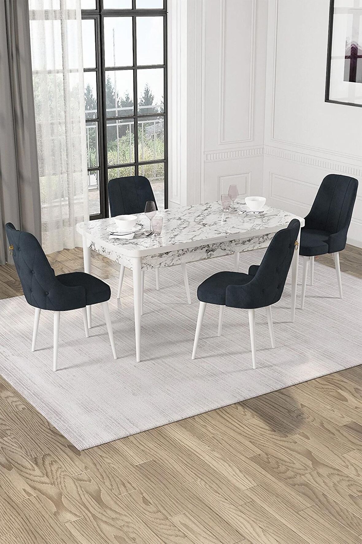 Rovena Alya Barok 80x132 Açılabilir Mdf Mutfak Masası Takımı 4 Adet Sandalye