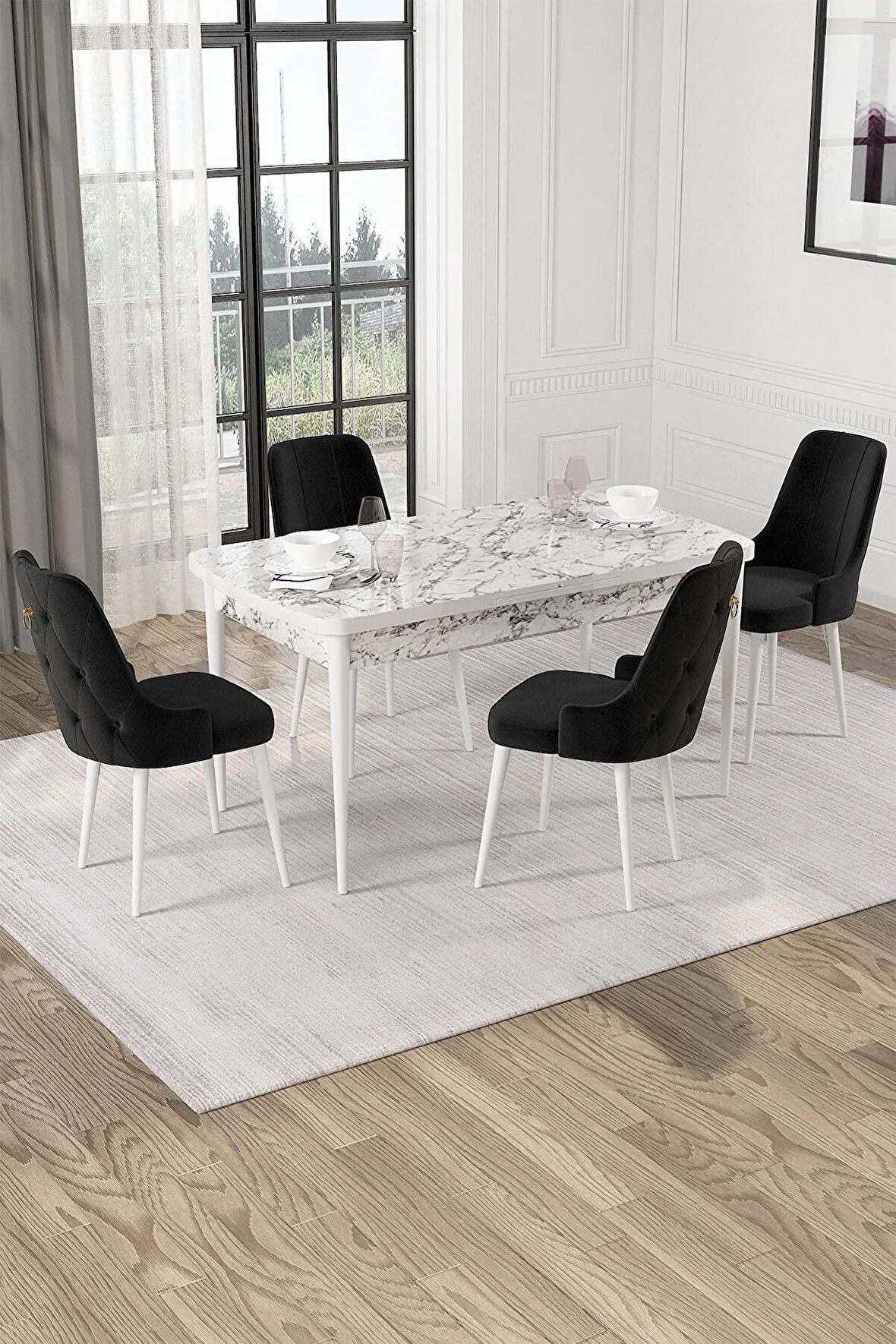 Rovena Alya Barok 80x132 Açılabilir Mdf Mutfak Masası Takımı 4 Adet Sandalye