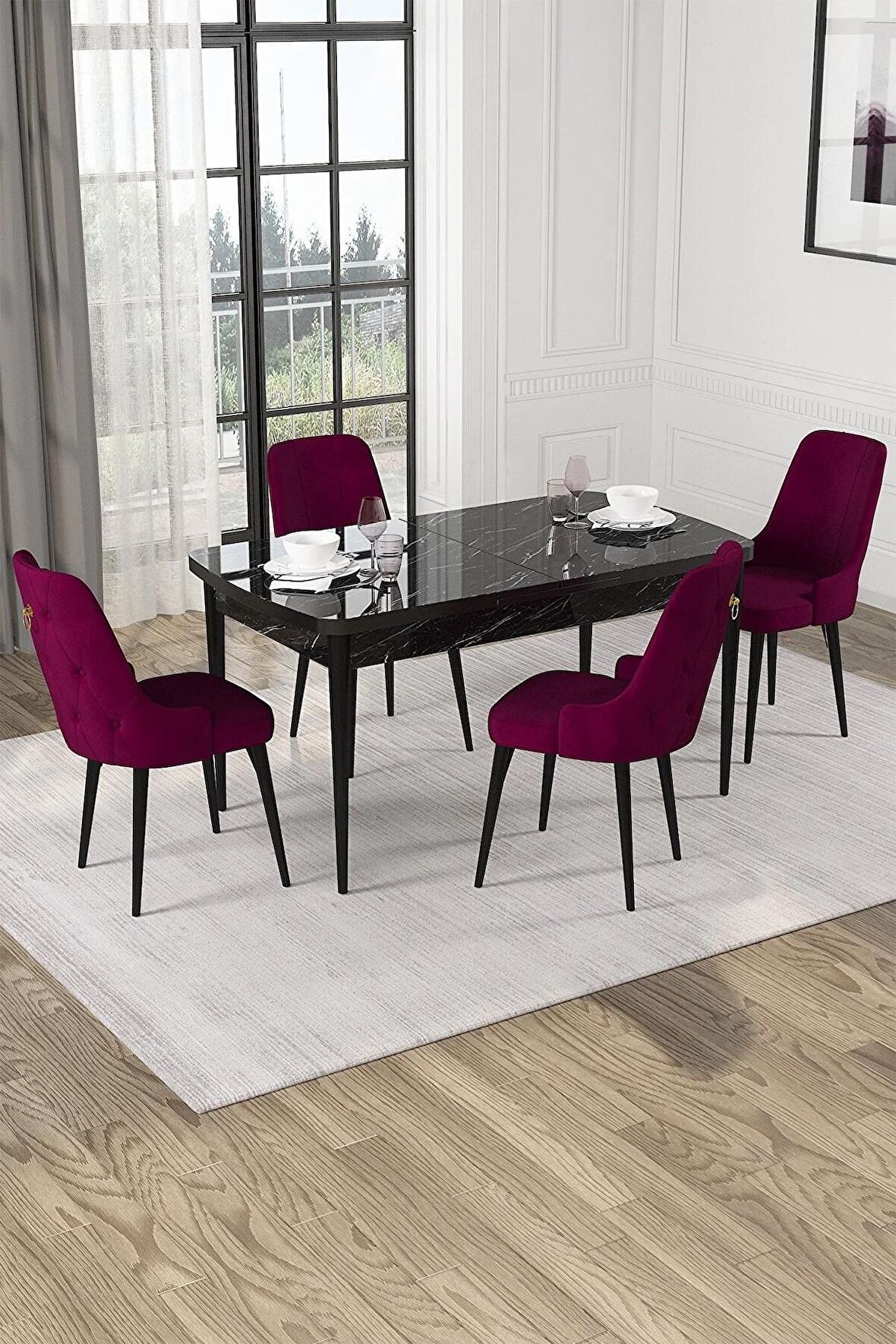 Rovena Alya Barok 80x132 Açılabilir Mdf Mutfak Masası Takımı 4 Adet Sandalye