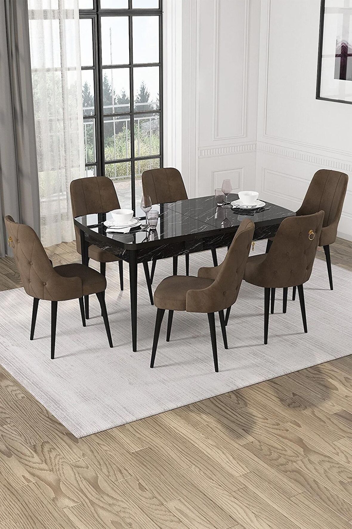 Rovena Alya Barok 80x132 Açılabilir Mdf Mutfak Masası Takımı 4 Adet Sandalye