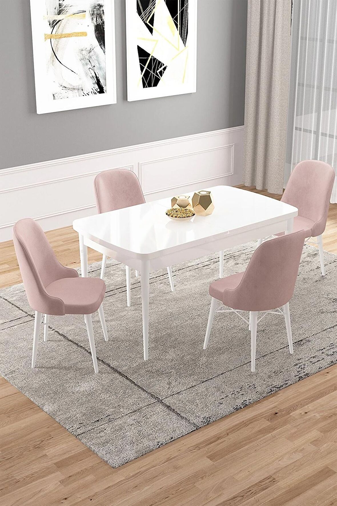 Rovena Vals Beyaz 80x132 Açılabilir Mdf Mutfak Masası Takımı 4 Adet Sandalye