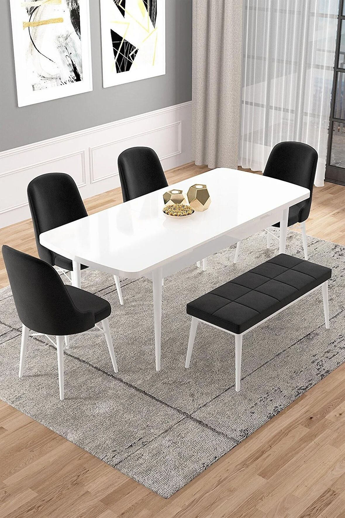 Rovena Vals Beyaz 80x132 Açılabilir Mdf Mutfak Masası Takımı 4 Adet Sandalye+1 Bench