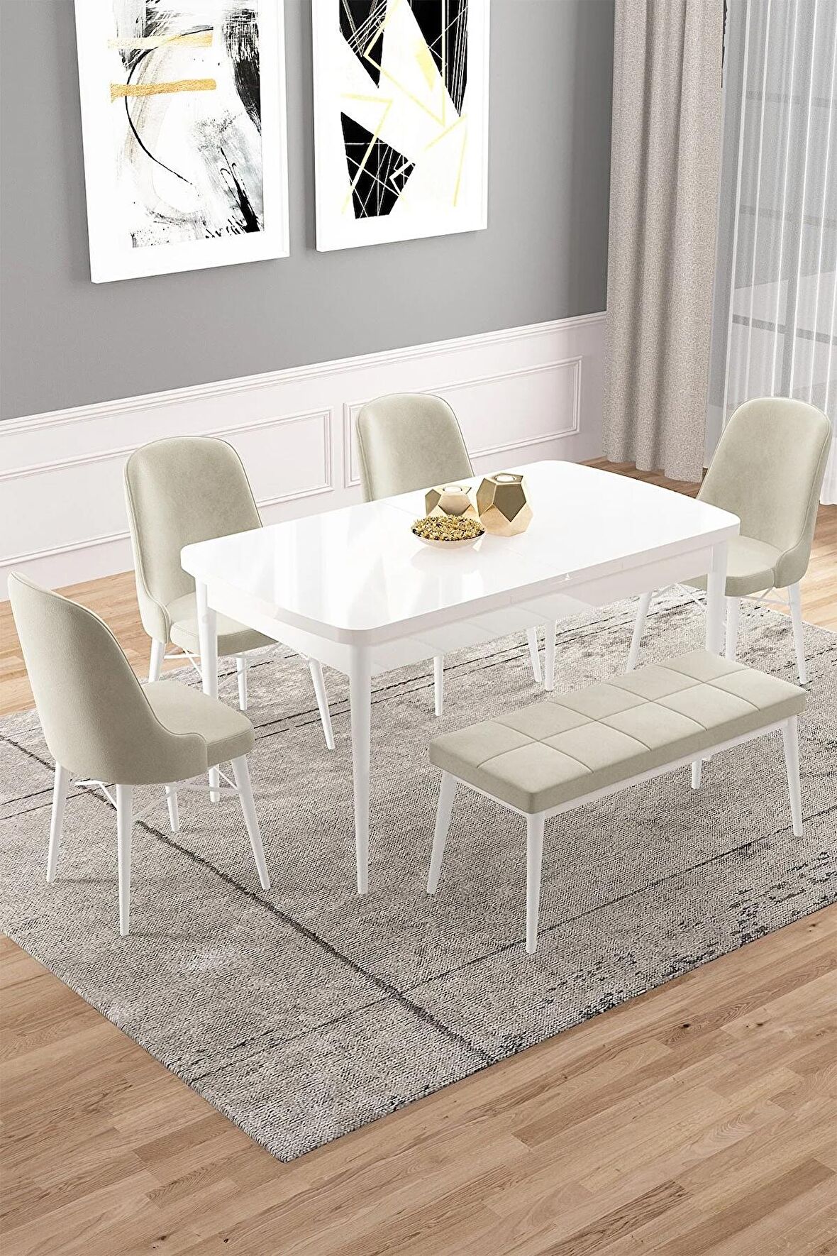 Rovena Vals Beyaz 80x132 Açılabilir Mdf Mutfak Masası Takımı 4 Adet Sandalye+1 Bench