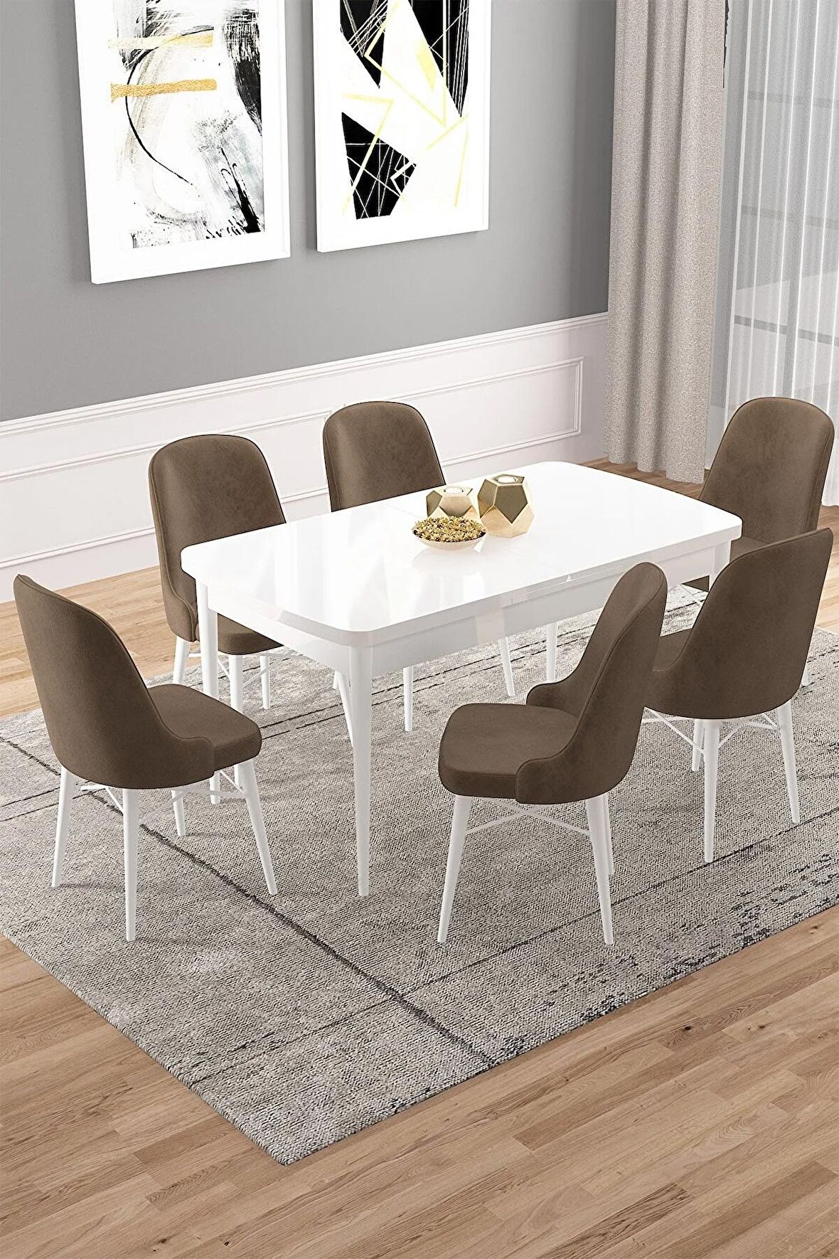 Rovena Vals Beyaz 80x132 Açılabilir Mdf Mutfak Masası Takımı 6 Adet Sandalye