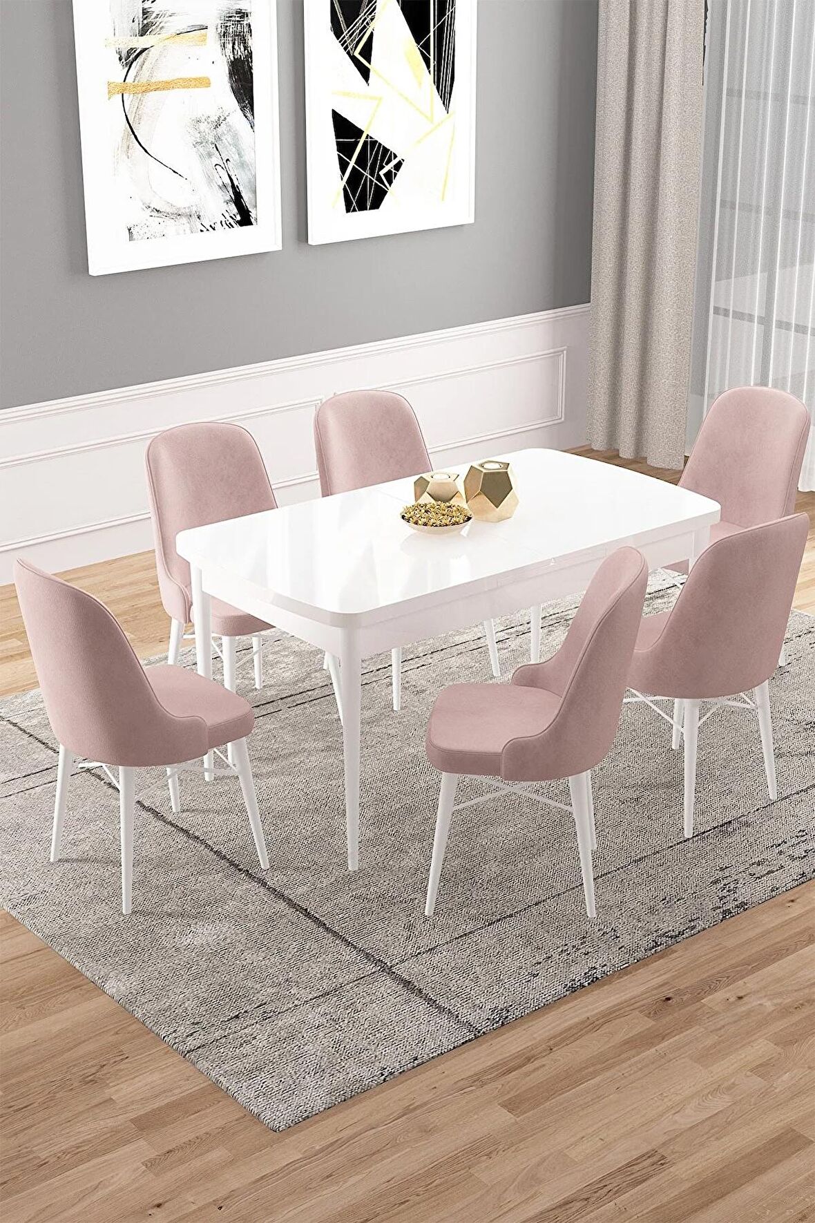 Rovena Vals Beyaz 80x132 Açılabilir Mdf Mutfak Masası Takımı 6 Adet Sandalye