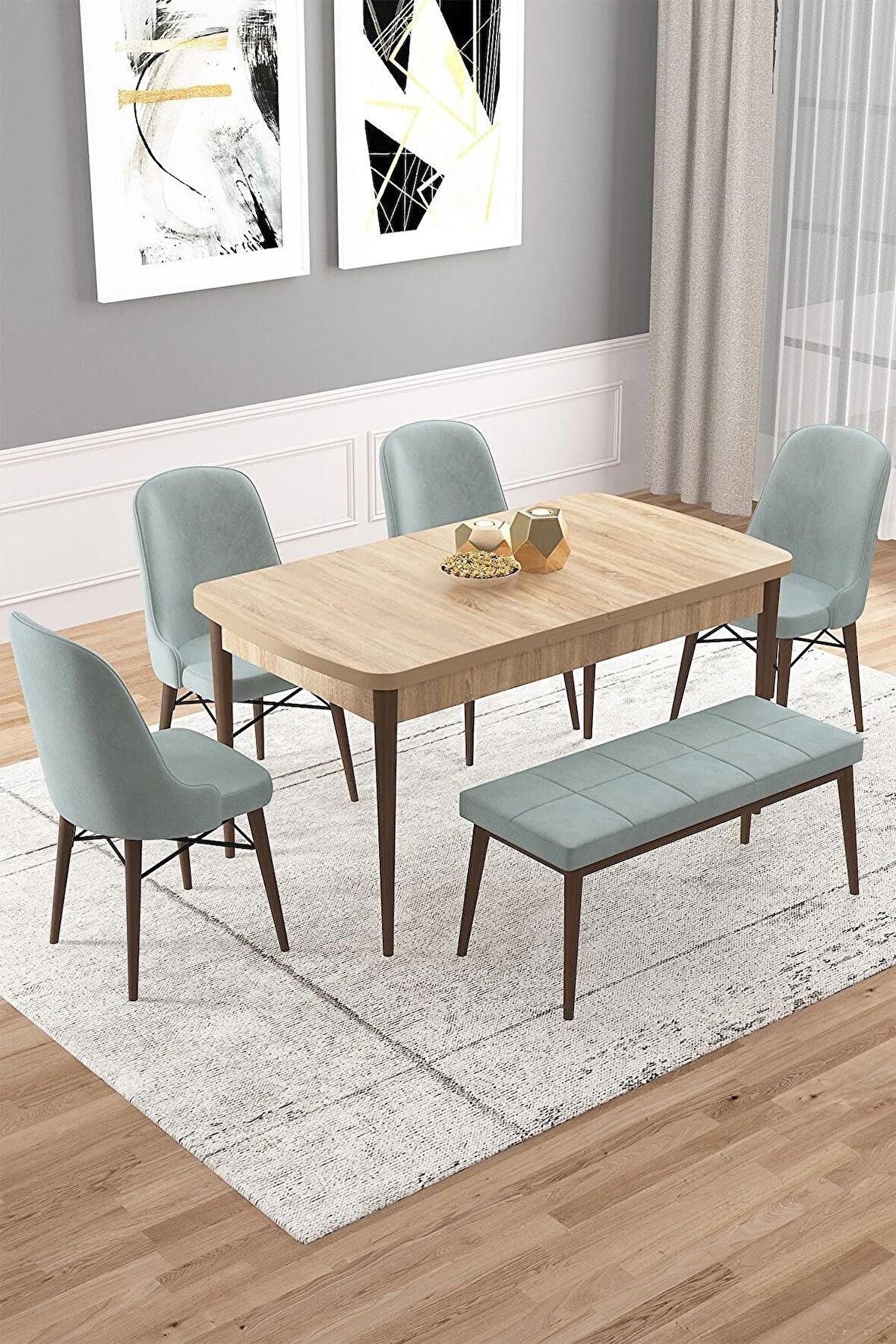 Rovena Vals Meşe 80x132 Açılabilir Mdf Mutfak Masası Takımı 4 Adet Sandalye+1 Bench