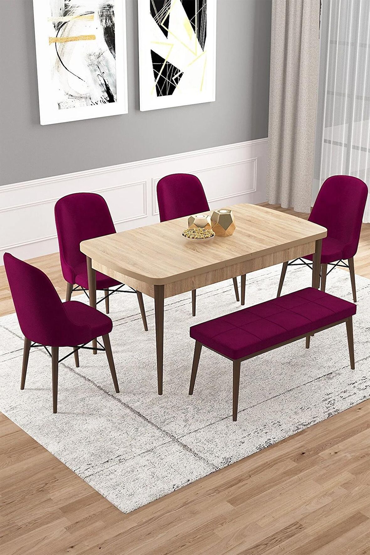 Rovena Vals Meşe 80x132 Açılabilir Mdf Mutfak Masası Takımı 4 Adet Sandalye+1 Bench